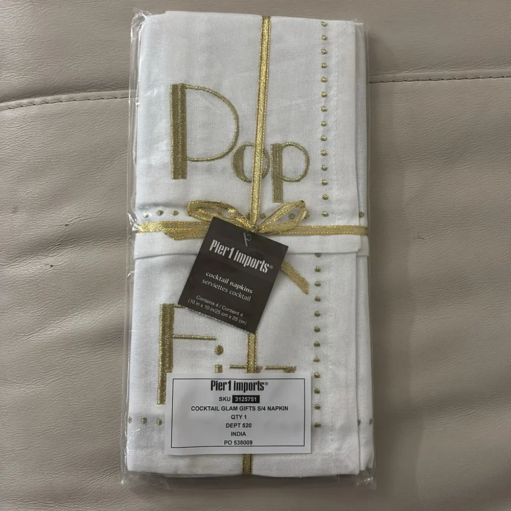 Pier 1 Tea Towel and Gold Cocktail Napkins Pop Fizz Clink Cheers